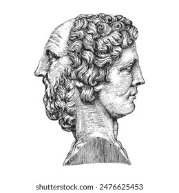 Janus, the Roman god, vintage illustration, drawn sketch of antique bust in engraving style