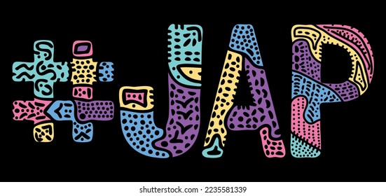 #JAP. Multicolored bright isolate curves doodle letters with ornament. Popular Hashtag for social network, japanese adult web resources, mobile apps.
