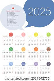 Japan 2025 monthly calendar template with public holidays. 