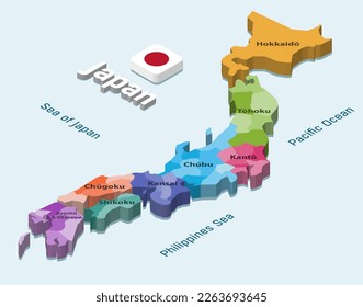 Japan 3d (isometric) map colored by regions on light blue background