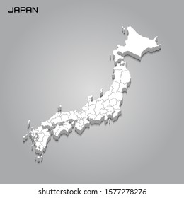 Japan 3d map with borders of regions. Vector illustration