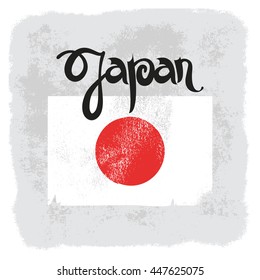 Japan. Abstract vector grunge background with lettering and flag.