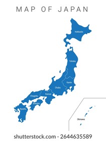 Japón Mapa administrativo Vector ilustración aislada. Mapa japonés con regiones. Japón Mapa político con regiones, rojo, azul, verde, gris, colorido mapa de Japón, eps 10