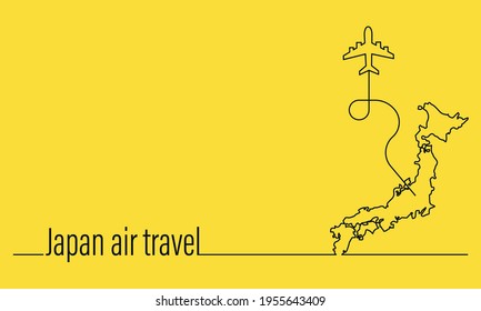 Japan air travel. Passenger plane and japan map on yellow background.