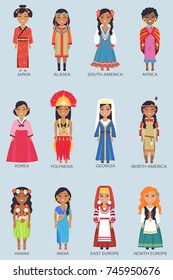 Japan and alaska, south america and africa, korea and polynesia, set of womens icons that represent national costumes vector illustration