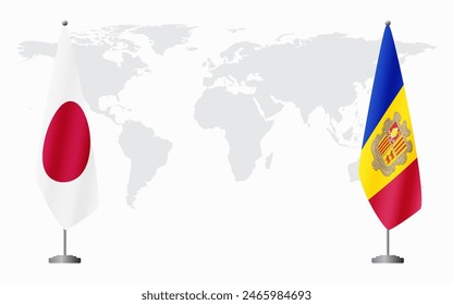 Japan and Andorra flags for official meeting against background of world map.