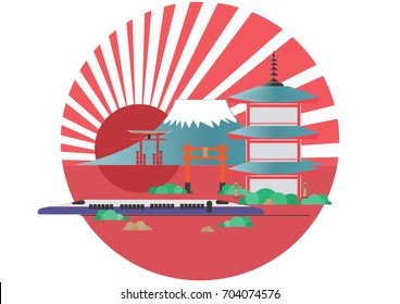 Japan architecture, tourism. Info graphics travel and landmark japan template design. Colorful Japan travel poster