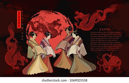 Japan art. Asian culture. Geisha and dragons. Traditional Japanese culture, red sun, dragons and geisha woman 