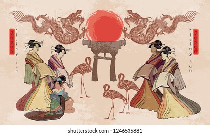 Japan art. Asian culture. Traditional Japanese, red sun, dragons and geisha woman 