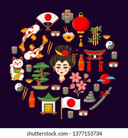 Japan Asia cultural symbols travel signs doodle cartoon icons set circle design