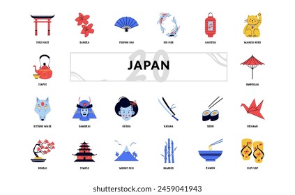 japan asia culture and tourism vacation detailed handdrawn doodle icon set