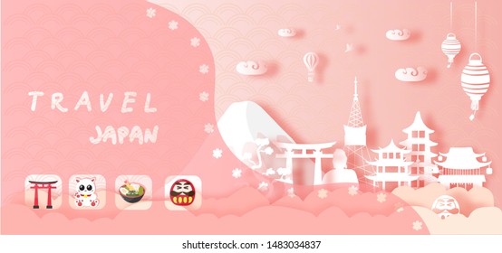 Japan Asia Panorama travel postcard, poster, tour advertising of world famous landmarks of Japan in paper cut style. Vector illustration.