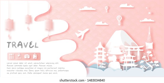 Japan Asia Panorama travel postcard, poster, tour advertising of world famous landmarks of Japan in paper cut style. Vector illustration.