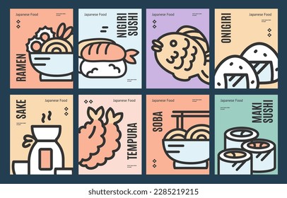 Japan Asian Food Placard Menu Set with Thin Line Icons Include of Ramen, Sake, Nigiri Sushi, Tempura and Soba. Vector illustration