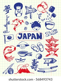 Japan associated symbols. Japanese national, cultural, architectural, culinary, nature, historical, religious related hand drawn doodles vector set. Sketched asian icons