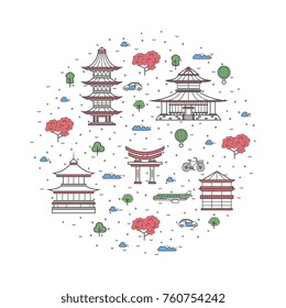 Japan attraction. Linear Japan attraction landmark background on white. Oriental traditional palace, pagoda and temple building rounded vector illustration
