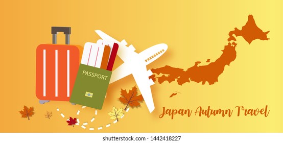 Japan Autumn travel banner . paper cut and craft style .  