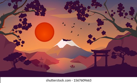 Japan background pattern, mountain Fuji with snow near the water, sunset landscape background, red sun, pink sakura trees, japanese houses and boat, Vector illustration