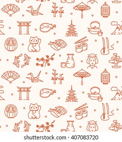 Japan Background Seamless with Icons Outline. Vector illustration