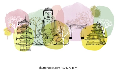 Japan background. Watercolor vector background.