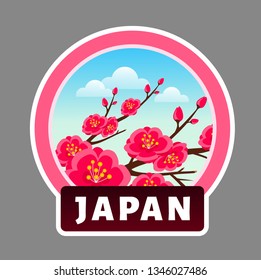 Japan badge with sakura. Vector flat illustration.