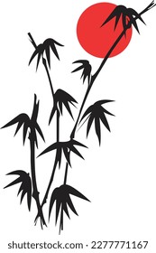 Japan Bamboo leaves with red sun wall art 