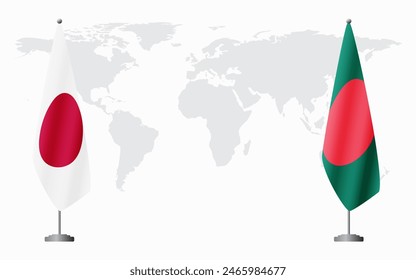 Japan and Bangladesh flags for official meeting against background of world map.