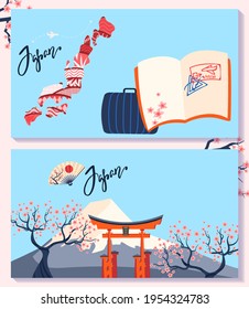 Japan banner, asia traditional, asian background suitcase, art nature sketch, design, cartoon style vector illustration.