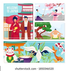Japan Banner-Hintergrund-Konzept, Vektorgrafik. Das Reisekultur-Wahrzeichen Design, asia japanische Urlaubskunst, rote traditionelle asiatische Grafik-Dekoration am Landschaftspopster.