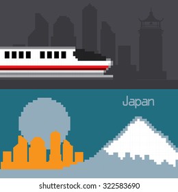 Japan banner. Pixel art. Old school computer graphic style.