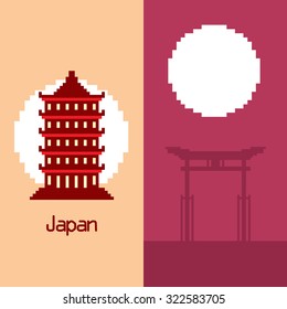 Japan banner. Pixel art. Old school computer graphic style.