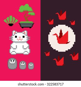 Japan banner. Pixel art. Old school computer graphic style.