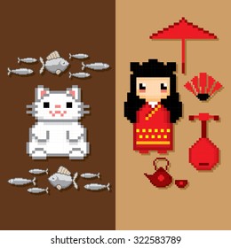 Japan banner. Pixel art. Old school computer graphic style.