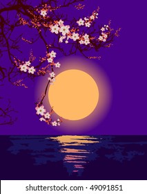 Japan banner in violet color with elements of nature.