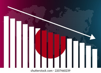 Japan bar chart graph, decreasing values, crisis and downgrade concept, Japan flag on bar graph, down arrow on data, news banner idea, fail and decrease, financial statistic