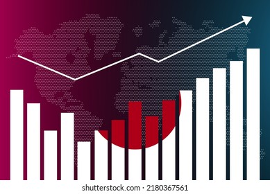 Japan bar chart graph with ups and downs, increasing values, Japan country flag on bar graph, upward rising arrow on data, news banner idea, developing country concept