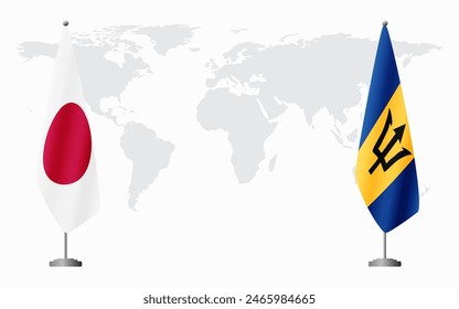 Japan and Barbados flags for official meeting against background of world map.