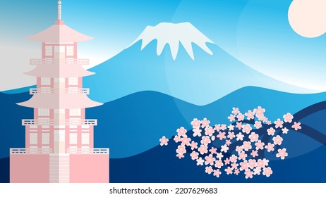 
Japan beautiful landscape Mountain Fuji and pagoda with cherry blossom. Flat vector illustration.