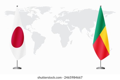 Japan und Benin Flaggen für offizielle Tagung vor dem Hintergrund der Weltkarte.