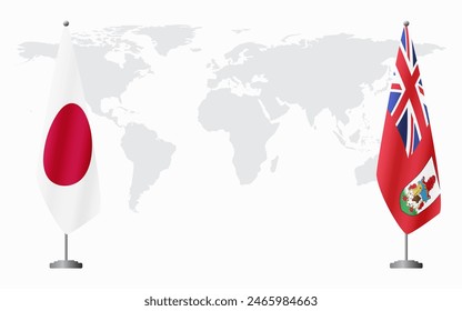 Japan and Bermuda flags for official meeting against background of world map.