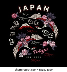 Japan bird vector embroidery with flowers