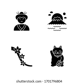 Japan black glyph icons set on white space. Geisha face. Mount Fuji. Sakura tree flowers. Maneki neko. Asian souvenir. Traditional japanese attributes. Silhouette symbols. Vector isolated illustration