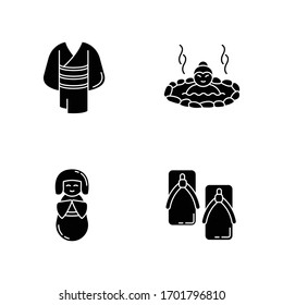 Japan black glyph icons set on white space. Kimono clothing. Yukata shoes. Asian hot springs. Kokeshi doll. Traditional japanese attributes. Silhouette symbols. Vector isolated illustration