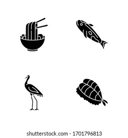 Japan black glyph icons set on white space. Ramen in bowl with chopsticks. Koi carp fish. Crane bird. Sushi dish. Traditional japanese attributes. Silhouette symbols. Vector isolated illustration