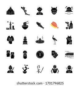 Japan black glyph icons set on white space. Koi carp. Ramen and sushi. Sake drink. Ninja and samurai. Asian souvenirs. Traditional japanese symbols. Silhouette symbols. Vector isolated illustration