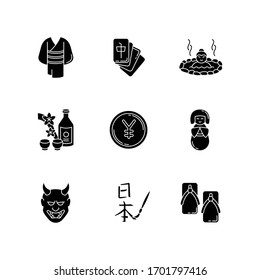 Japan black glyph icons set on white space. Yukata, kimono. Mahjong game. Hot springs. Sake, rice wine. Yen coin. Traditional japanese attributes. Silhouette symbols. Vector isolated illustration