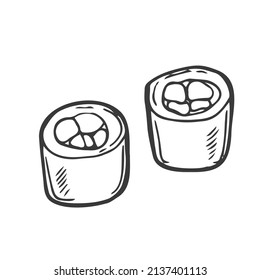 Japan black and white traditional symbol sushi rolls set in ink Isolated on white background. Hand drawn vector decorative element in doodle style for decoration, postcard, flyer, banner or website