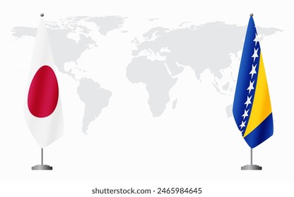Japan and Bosnia and Herzegovina flags for official meeting against background of world map.