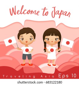 Japan : Boy and girl with national flag : Vector Illustration