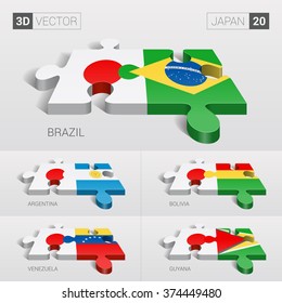 Japan and Brazil, Argentina, Bolivia, Venezuela, Guyana Flag. 3d vector puzzle. Set 20.